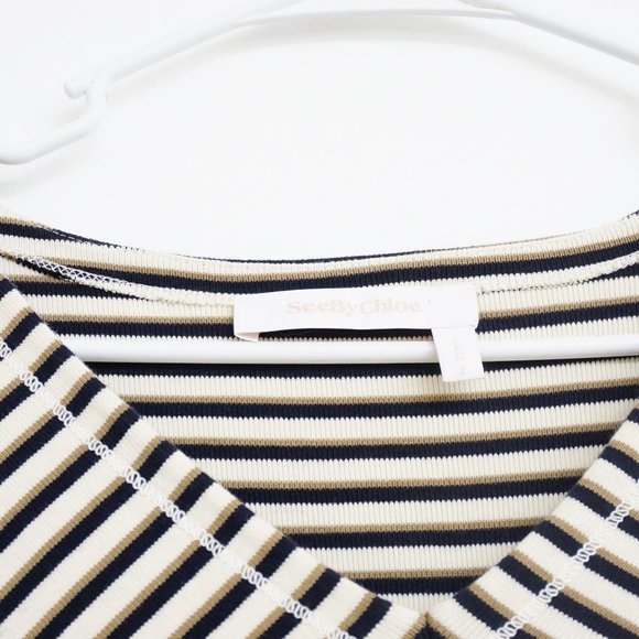 SALE SEE BY CHLOÉ Striped Jersey Dress Ruffle Sleeve Beige L - Picture 4 of 6